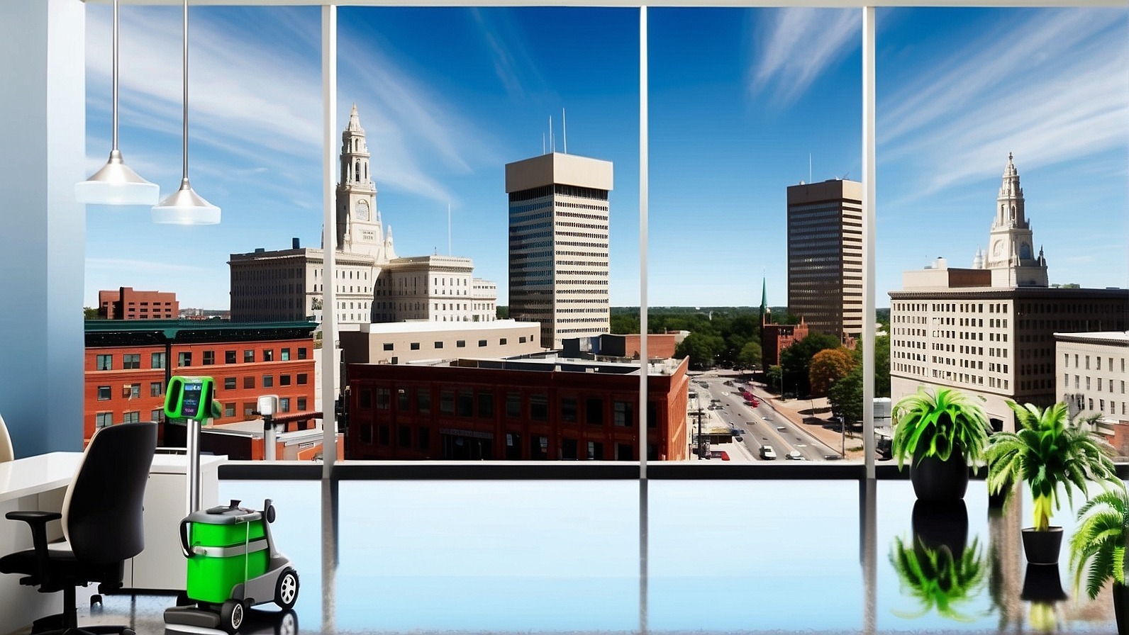 spotless commercial office interior with view of Providence skyline, cleaned by Sun Pristine Maids