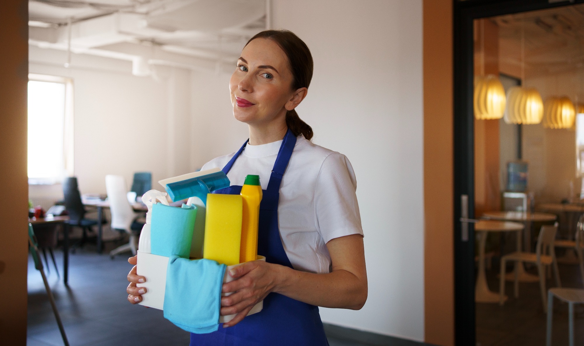 A smiling maid holding a variety of cleaning supplies, ready to clean.