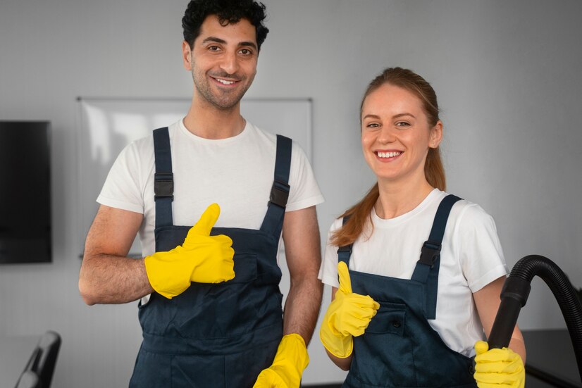 Two professional cleaners in uniform smiling at the camera, holding thumbs up in a bright, clean room.