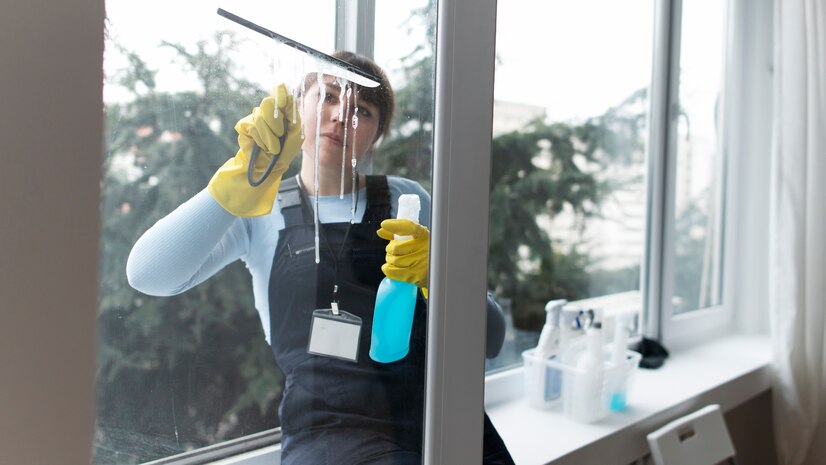 A professional cleaner dusting an office desk, ensuring a spotless workspace.