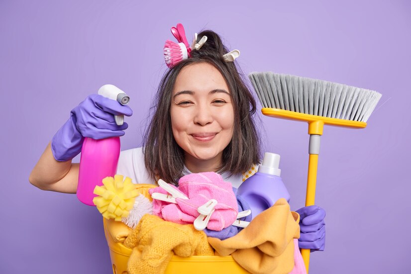 Cheerful brunette Asian housewife holding a bottle of detergent and a broom, standing next to a laundry basket, isolated on a purple background.