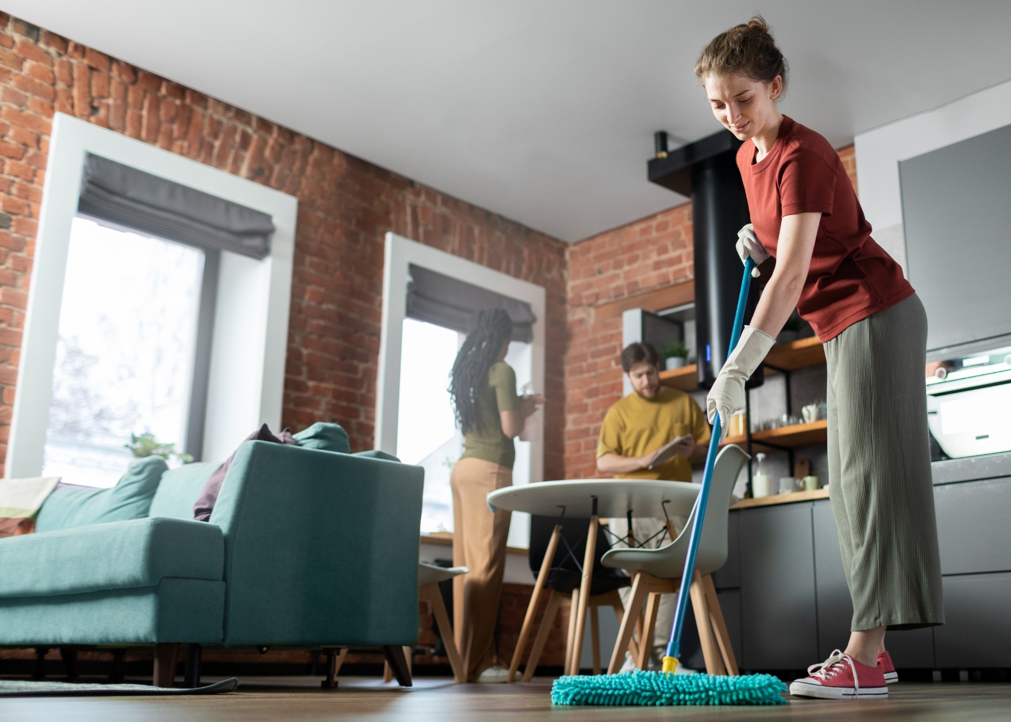 A group of people smiling as they work together to deep clean a Rhode Island home, focusing on hard-to-reach areas and ensuring a thorough cleanse.
