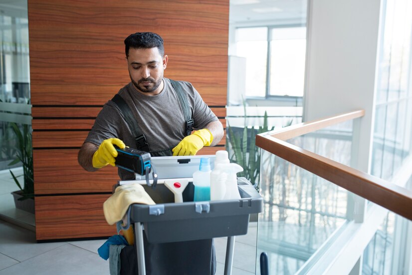 A man pushing a professional cleaning cart equipped with various cleaning supplies and tools, walking through a residential hallway.